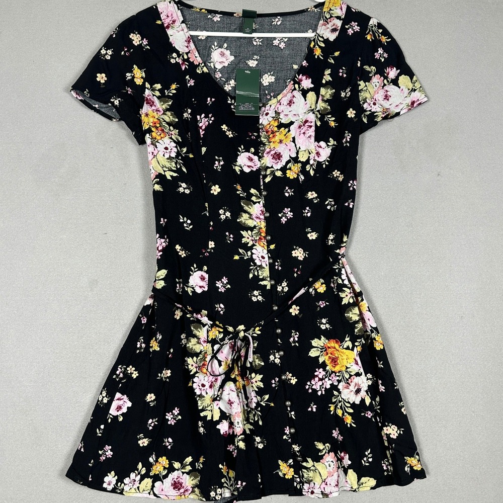 NEW Wild Fable Dress Womens Medium Floral Black Button Front Short Sleeve Mini